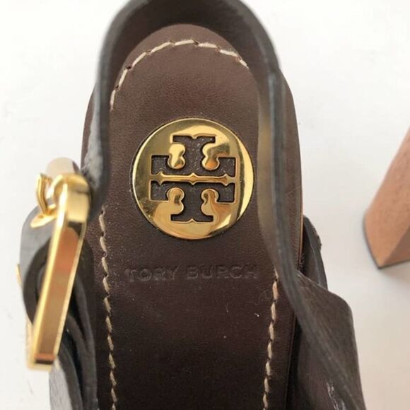 TORY BURCH Jodie Brown Leather Wooden Heels 7.5M - Picture 2 of 13